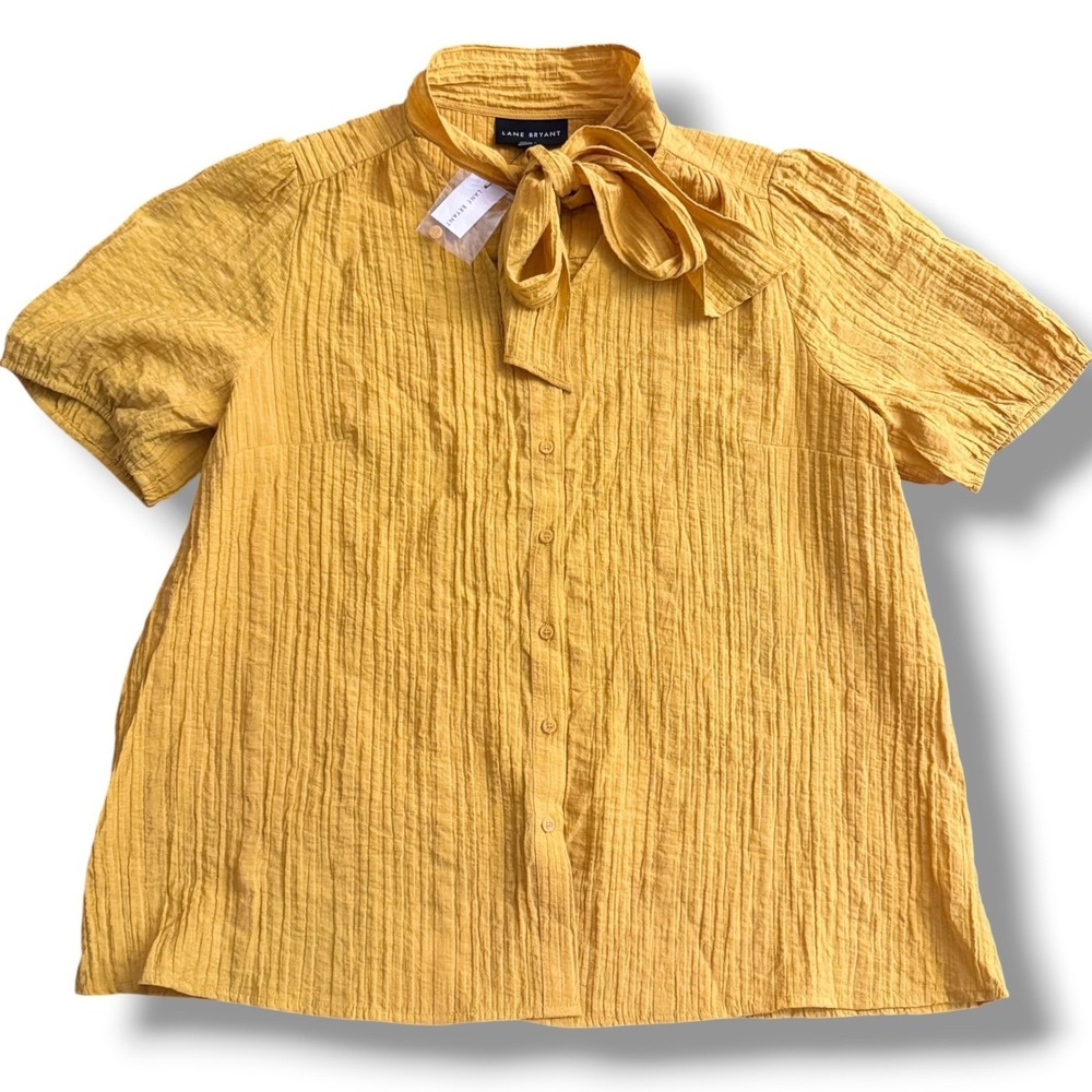 Lane Bryant Blouse Women 14 Yellow Tie Neck‎ Crinkle Short Sleeve Button Up